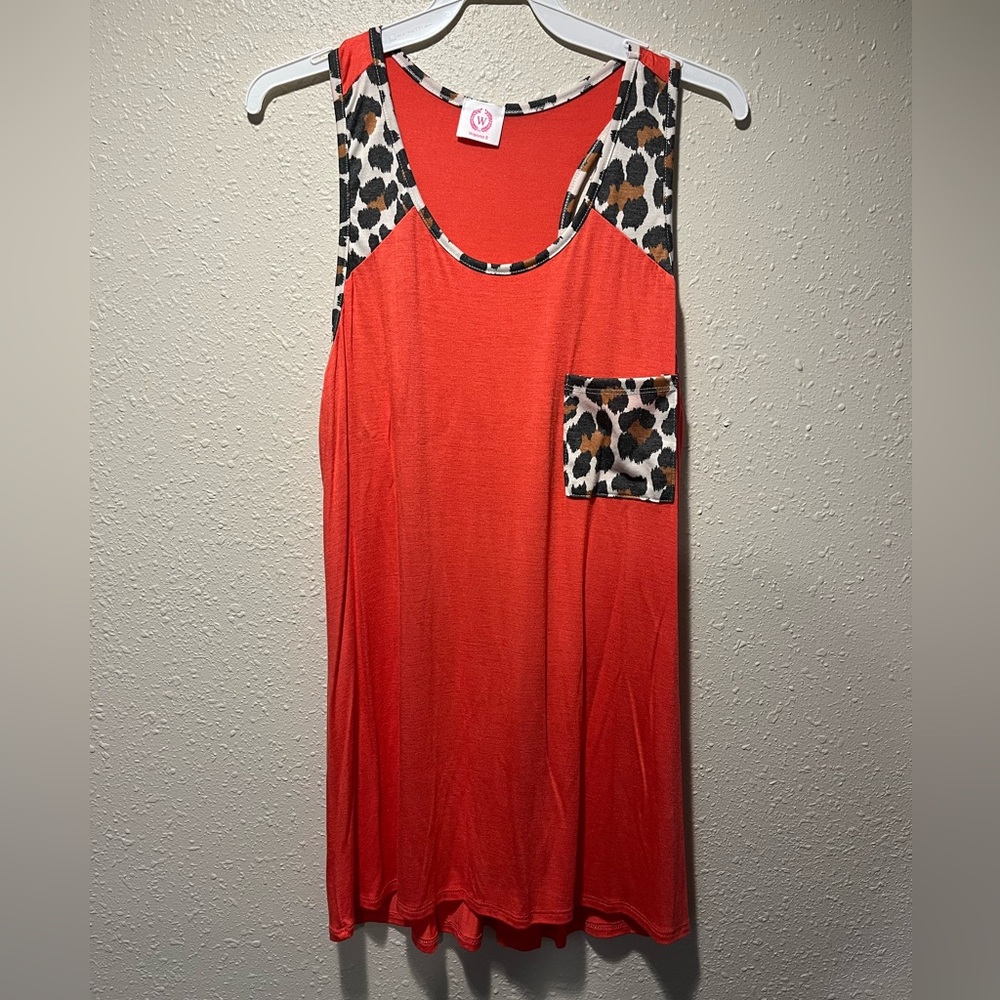 Coral cheetah trimmed tank- top